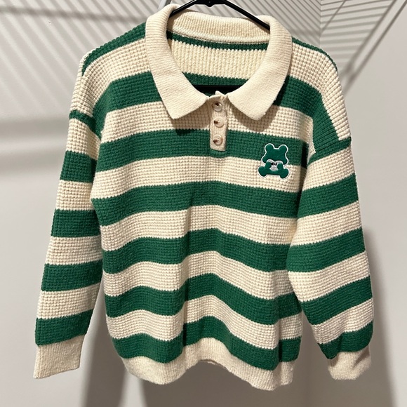 Sweaters - Green & Cream Striped Knit Polo Sweater